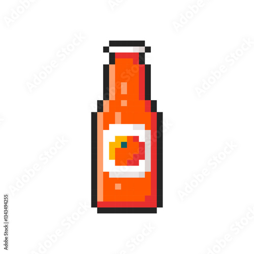 Pixel orange juice in glass bottle isolated on transparent background. Pixelated badge, game asset or computer arcade item. Fresh juice icon. Vector pixel art illustration in 16 bit old style.