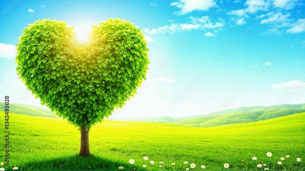 Heart-Shaped Green Tree in a Sunny Meadow: Symbol of Nature, Love, and Environmental Sustainability in a Bright Landscape Heart-Shaped Green Tree in a Sunny Meadow: Symbol of Nature, Love, and Environmental Sustainability in a Bright Landscape