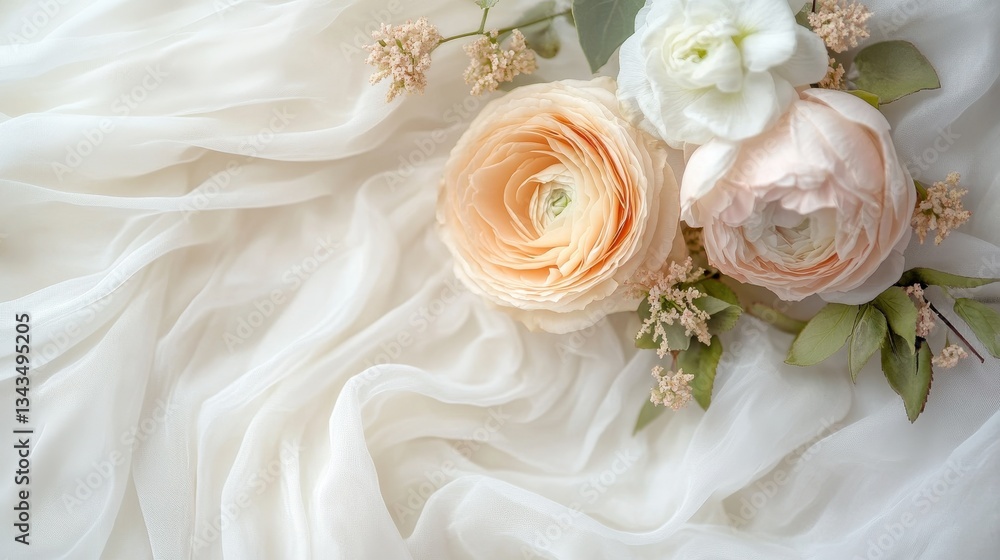 Delicate Flowers Resting On Soft Flowing White Fabric Delicate Flowers Resting On Soft Flowing White Fabric