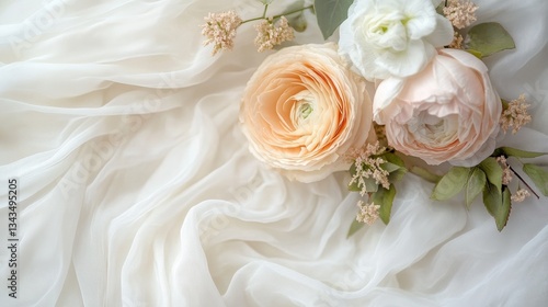 Delicate Flowers Resting On Soft Flowing White Fabric