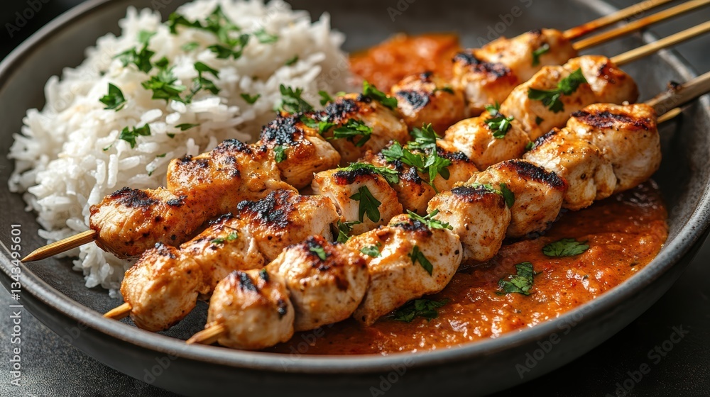 Fototapeta premium Marinated chicken skewers, grilled to perfection, glistening with a rich satay sauce, served with fragrant rice and fresh herbs.
