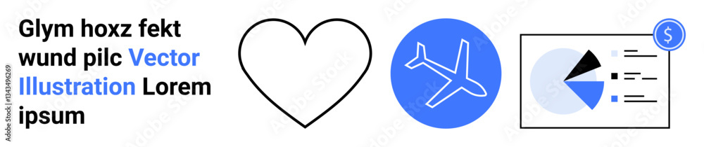 Fototapeta premium Heart icon, airplane in blue circle, and analytics chart with dollar sign combine concepts of love, travel, finance, and data analysis. Ideal for travel, business, finance analytics