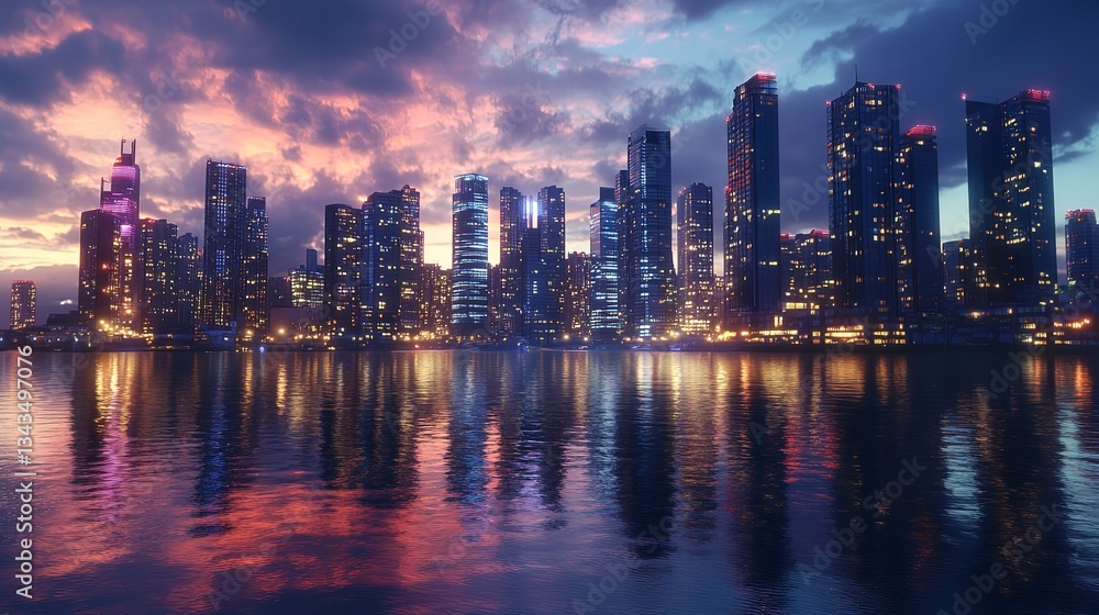 Fototapeta premium Vibrant city skyline at sunset, skyscrapers reflected in calm water, colorful twilight, urban architecture, modern cityscape, serene waterfront, glowing lights, beautiful evening view.