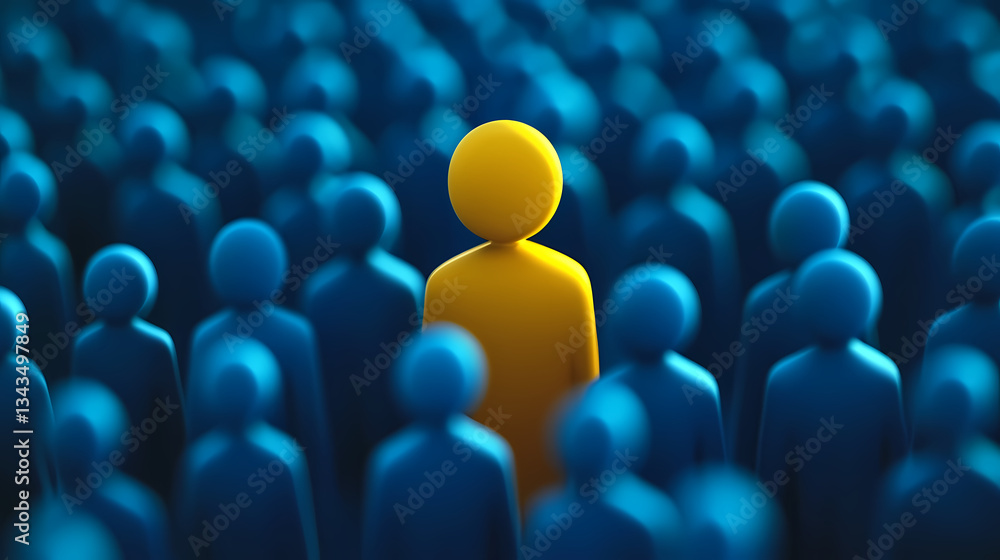Fototapeta premium Yellow Figure in the Center of Blue Crowd