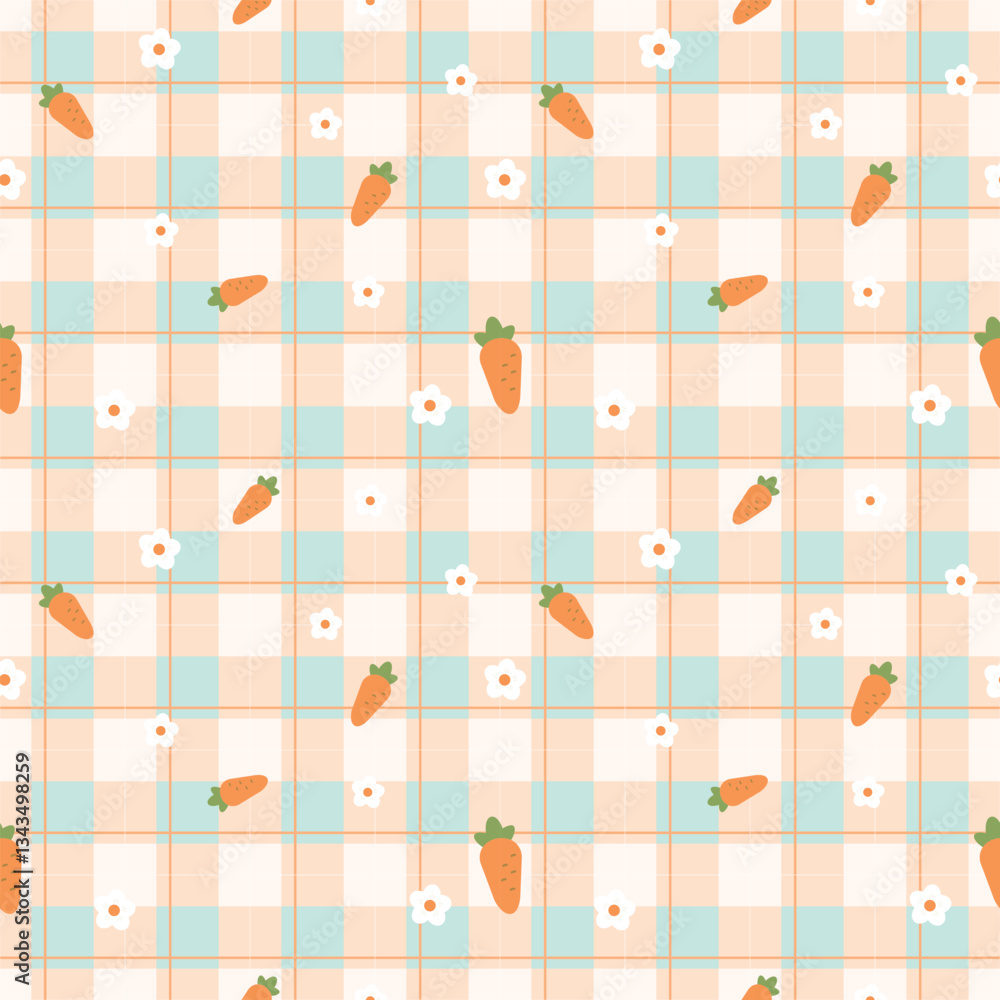 Gingham seamless vector pattern with kawaii carrots. Tartan check for tablecloths, napkins, clothes, packaging, for the Easter holiday. Cozy cute childish. easter color.