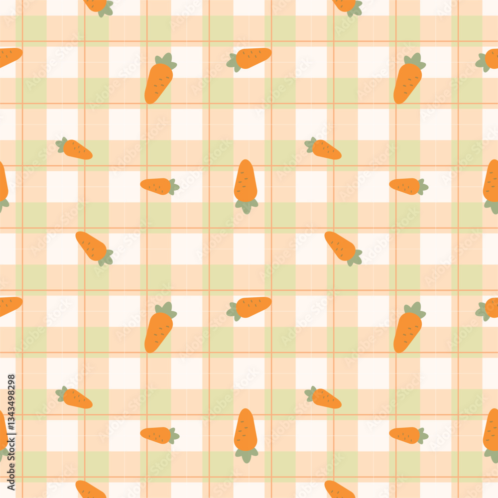 Gingham seamless vector pattern with kawaii carrots. Tartan check for tablecloths, napkins, clothes, packaging, for the Easter holiday. Cozy cute childish. easter color.