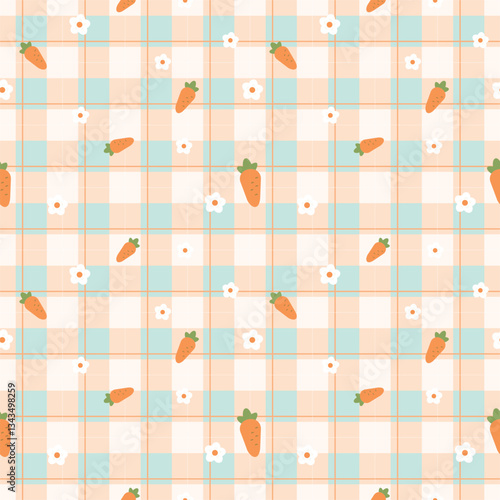Obraz na płótnie Gingham seamless vector pattern with kawaii carrots. Tartan check for tablecloths, napkins, clothes, packaging, for the Easter holiday. Cozy cute childish. easter color. w salonie