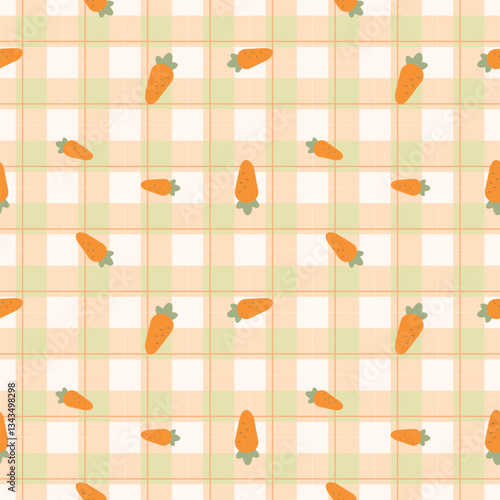 Obraz na płótnie Gingham seamless vector pattern with kawaii carrots. Tartan check for tablecloths, napkins, clothes, packaging, for the Easter holiday. Cozy cute childish. easter color. w salonie