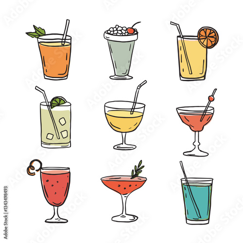 Set of hand drawn doodle alcoholic drinks, cocktails with orange lemon, slices, ice, cherries. Happy New Year summer celebration, birthday party. Isolated vector icons, line illustration clipart