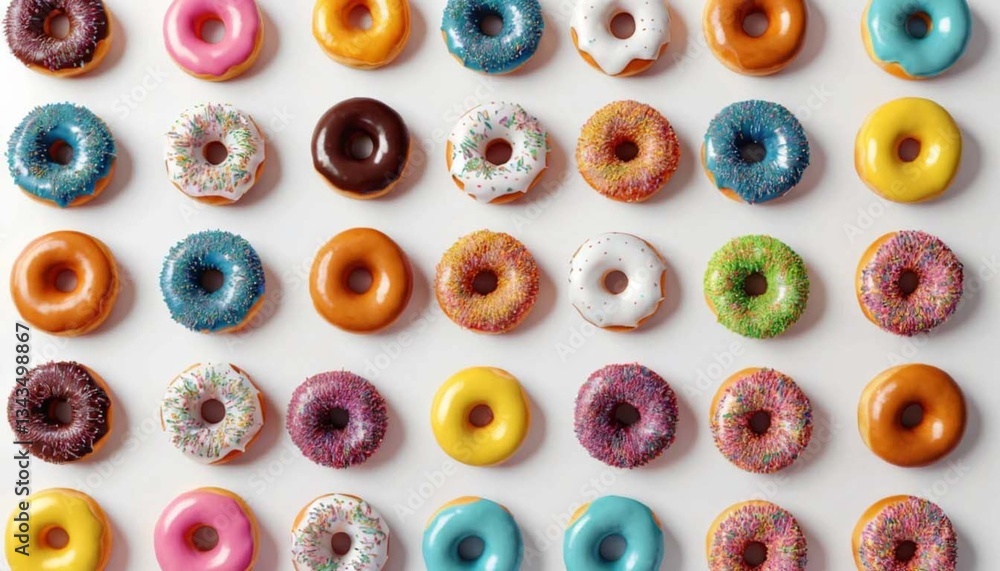 Fototapeta premium Arrangement of assorted colorful donuts with various toppings on a white surface overhead shotAi generated