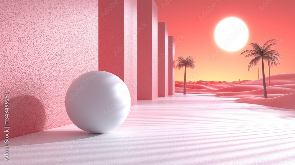 Pink Desert Minimalist Scene: A White Sphere in a Surreal Landscape Pink Desert Minimalist Scene: A White Sphere in a Surreal Landscape