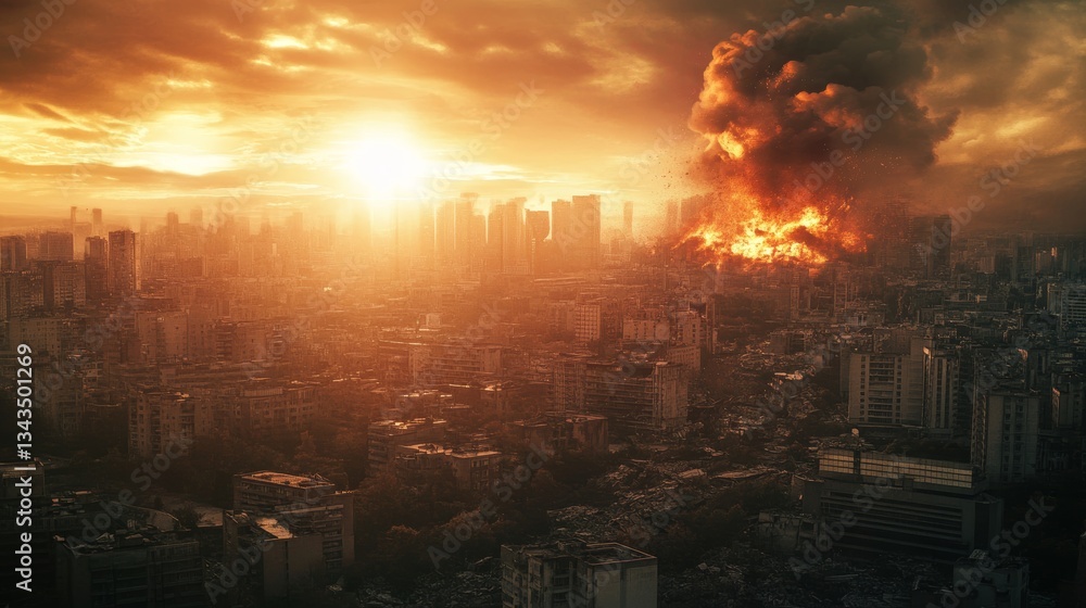 Fototapeta premium Devastated cityscape after a catastrophic explosion with fiery mushroom cloud