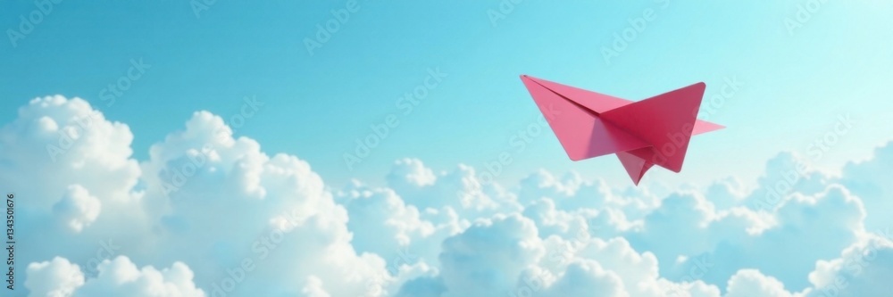 Red paper plane soaring above white clouds on a light blue sky, determination, leadership concept Red paper plane soaring above white clouds on a light blue sky, determination, leadership concept