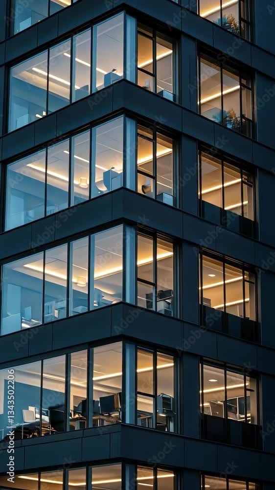 Modern office building illuminated at dusk showcasing various workspaces and employees engaged in diverse tasks Modern office building illuminated at dusk showcasing various workspaces and employees engaged in diverse tasks