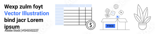 Table with currency symbol, an open box labeled Free containing icons, and a decorative plant. Ideal for finance, logistics, organization, e-commerce, shipping, marketing flat landing page banner