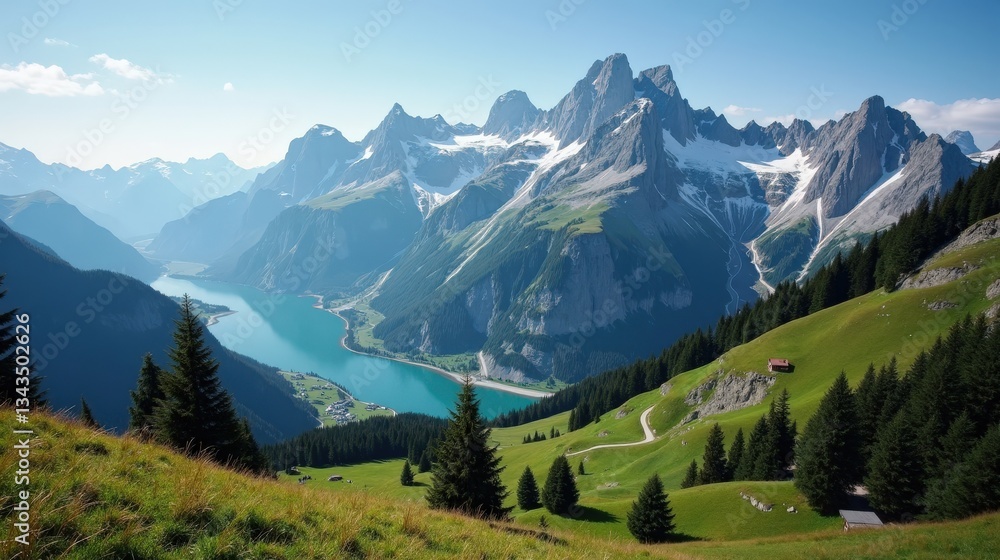 Alpstein Massif in Switzerland at midday with clear skies, seen from above. Jagged mountain peaks, lush valleys, and shimmering sunlight form a stunning aerial landscape. Alpstein Massif in Switzerland at midday with clear skies, seen from above. Jagged mountain peaks, lush valleys, and shimmering sunlight form a stunning aerial landscape.