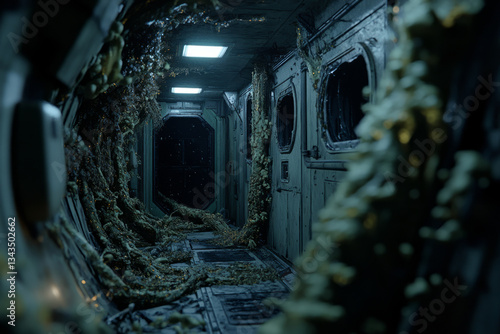 A haunting 3D background of a derelict spaceship drifting in deep space. The dim corridors are lined with flickering emergency lights, and strange organic growths creep along the walls, hinting at an
