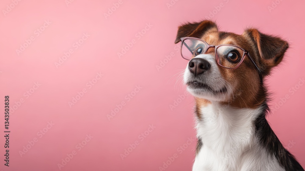 A lovely dog dons stylish glasses, showing an adorable expression while posing against a gentle pink background, perfect for conveying warmth and charm. A lovely dog dons stylish glasses, showing an adorable expression while posing against a gentle pink background, perfect for conveying warmth and charm.
