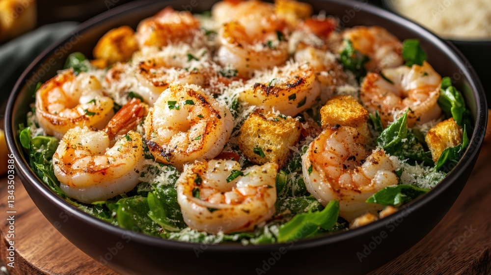 A vibrant symphony of textures and flavors, featuring succulent shrimp nestled within a creamy Caesar dressing, topped with crispy croutons and a sprinkle of Parmesan cheese. A vibrant symphony of textures and flavors, featuring succulent shrimp nestled within a creamy Caesar dressing, topped with crispy croutons and a sprinkle of Parmesan cheese.