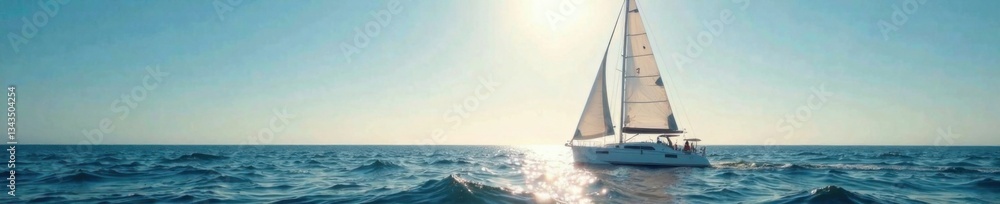 Fototapeta premium Sailboat in calm sea with sail raised high and sun shining on waves, seawater, boat sails