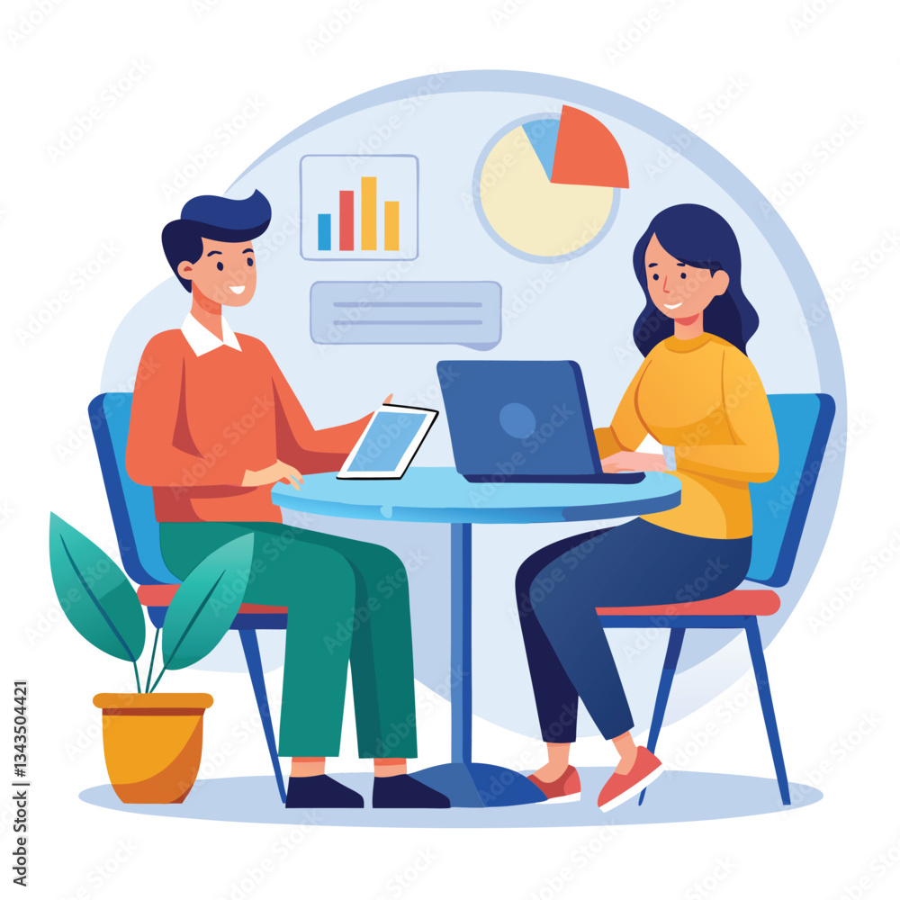 Partners meeting for business discussion with documents and laptop on desk. Couple at round table, speaking, discussing work, partnership. Flat vector illustration isolated on white background Partners meeting for business discussion with documents and laptop on desk. Couple at round table, speaking, discussing work, partnership. Flat vector illustration isolated on white background