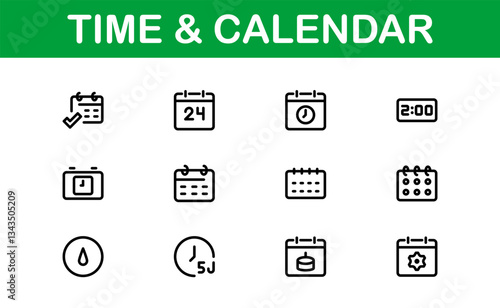 Time and Calendar Icons. Comprehensive Set for Scheduling, Planning, and Time Management Projects