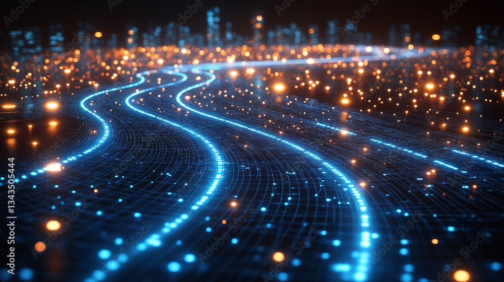 Futuristic blue highway with glowing orange lights and motion trails Futuristic blue highway with glowing orange lights and motion trails