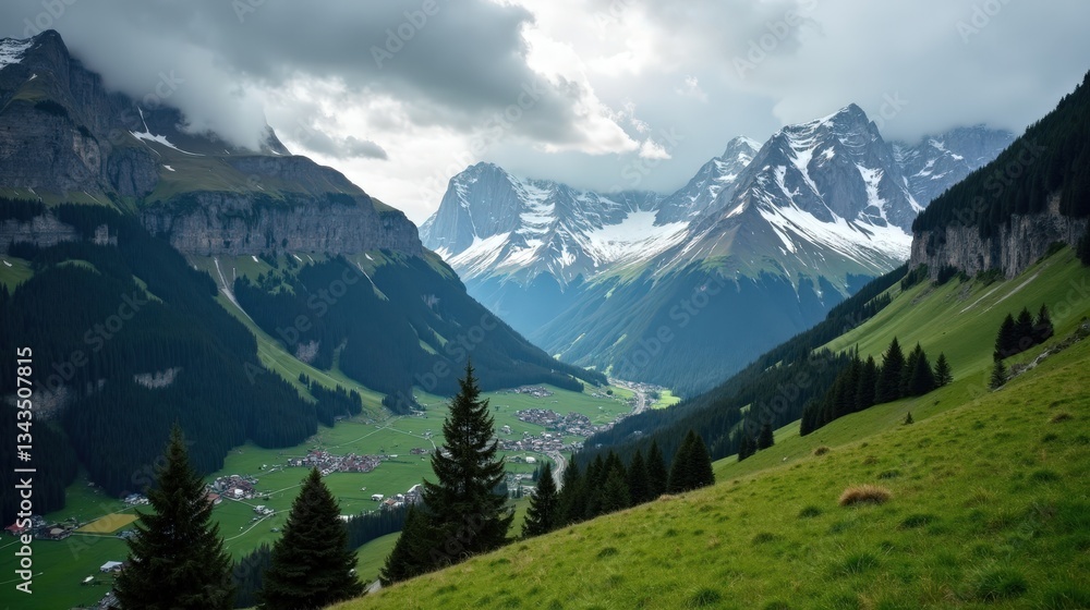 Obraz premium Rainy mid-day in the Bernese Alps, Switzerland. Mist clings to the peaks as raindrops blur the rugged mountain slopes, creating a moody ambiance.