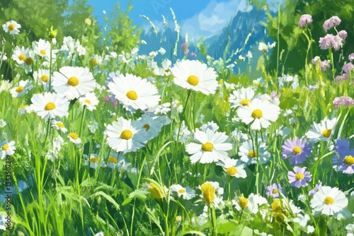 Obraz na płótnie Lush meadow of daisies and wildflowers, bright and sunny w salonie