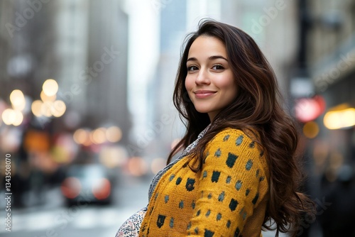 Young pregnant latin american woman in the city on blurred background