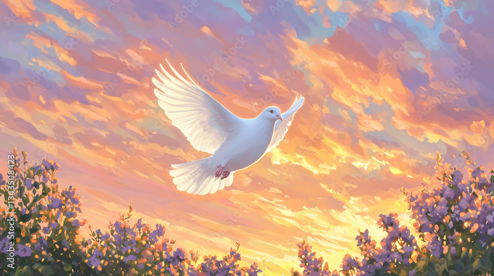 Obraz premium Tranquil morning scene with dove and wildflowers in sunrise light