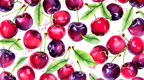 Watercolor red cherries on white background seamless vector pattern
