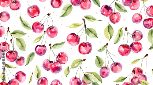 Watercolor red cherries on white background seamless vector pattern