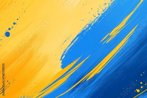 Vibrant abstract blue and yellow background with expressive brush strokes and geometric shapes