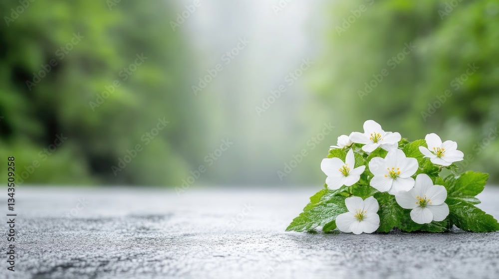 Delicate white flowers on a textured surface, surrounded by a lush green forest background