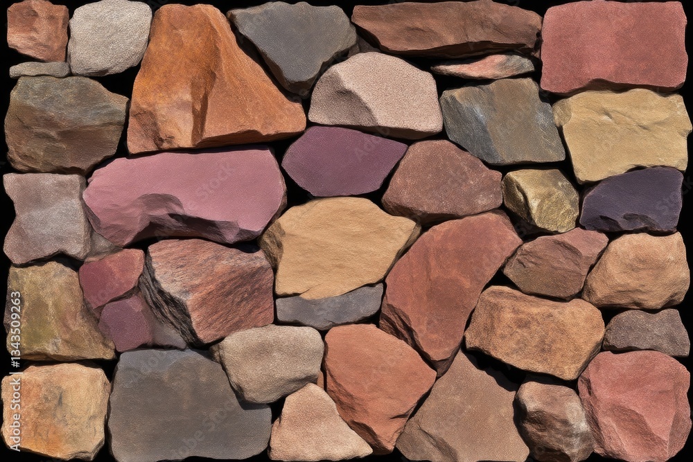 Multicolored stone veneer. A close-up view of a textured stone wall with various shades of red, brown, and gray. The pieces are irregular and fit together to create a natural look