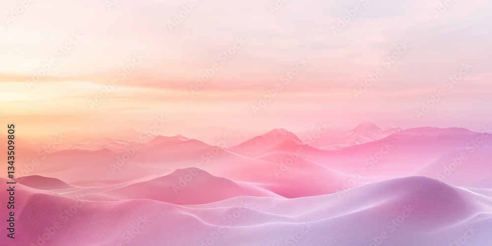 Dreamy pastel landscape features rolling hills and distant mountain ranges Dreamy pastel landscape features rolling hills and distant mountain ranges