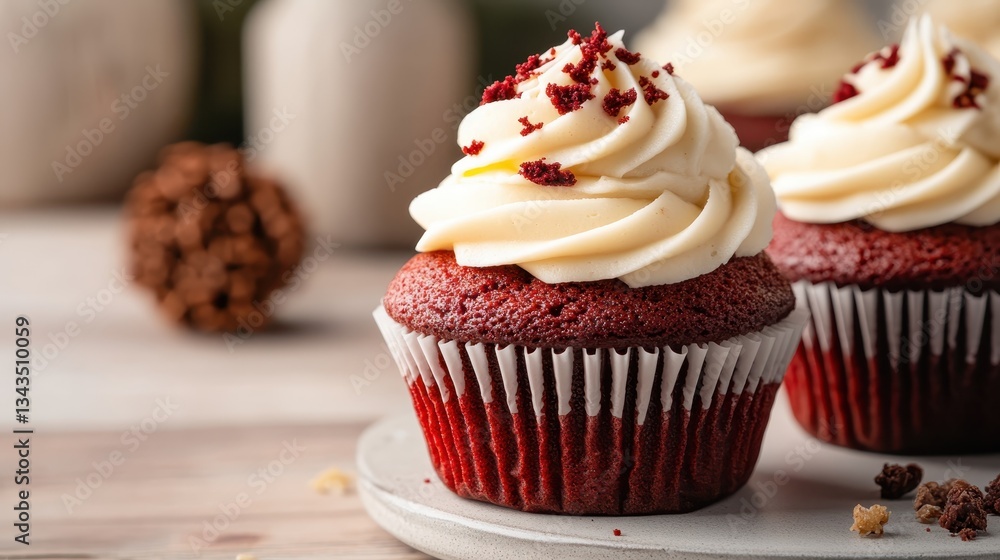 A mouthwatering red velvet cupcake topped with a swirl of creamy vanilla frosting, accented with red velvet crumbs for added texture and flavor, perfect for any occasion. A mouthwatering red velvet cupcake topped with a swirl of creamy vanilla frosting, accented with red velvet crumbs for added texture and flavor, perfect for any occasion.