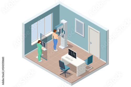 A woman is undergoing a mammography scan while a nurse operates the machine from a control panel. The medical test is conducted in a specialized diagnostic room. Isometric vector illustration.