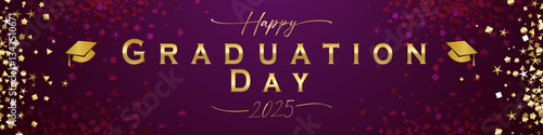 Happy Graduation Day 2025 horizontal banner. Ribbon design. Holiday festive purple backdrop with shiny golden frame. Editable luxury design. Gold metallic gradient color template. Bright glitters.