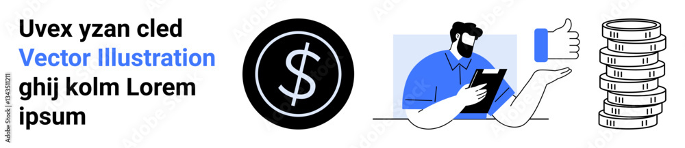 Obraz premium Dollar sign circle, man holding tablet, thumbs-up icon, stacked coins. Ideal for finance, business, consulting, investments, savings digital banking simple landing page