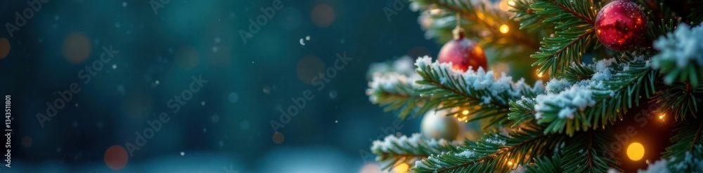 Snowflakes falling gently on a Christmas tree, snow, serene Snowflakes falling gently on a Christmas tree, snow, serene