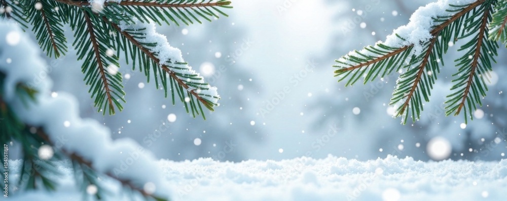 Snowflakes falling on fir branches in a white wooden board winter scene, white wood, frozen water Snowflakes falling on fir branches in a white wooden board winter scene, white wood, frozen water