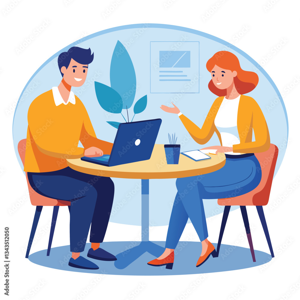Partners meeting for business discussion with documents and laptop on desk. Couple at round table, speaking, discussing work, partnership. Flat vector illustration isolated on white background Partners meeting for business discussion with documents and laptop on desk. Couple at round table, speaking, discussing work, partnership. Flat vector illustration isolated on white background