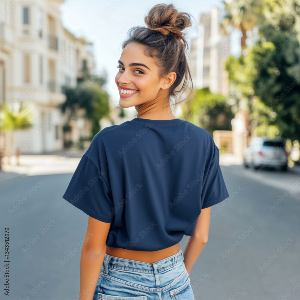 Youth oversized dark blue tshirt mockup, back side. Teen girl model wearing basic crewneck shirt. Teenager's short sleeve shirt, back view of casual tee, young urban lifestyle, summer city street Youth oversized dark blue tshirt mockup, back side. Teen girl model wearing basic crewneck shirt. Teenager's short sleeve shirt, back view of casual tee, young urban lifestyle, summer city street