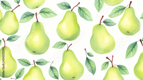 Watercolor Green Pear Pattern with Fresh Leaves on White Background