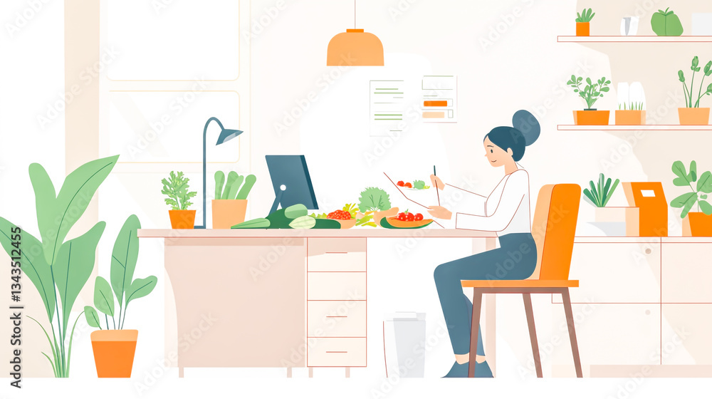 Fototapeta premium A nutritionist working in an office, creating a personalized diet plan on a table while incorporating fresh vegetables. A sports trainer promoting a healthy lifestyle and wellness