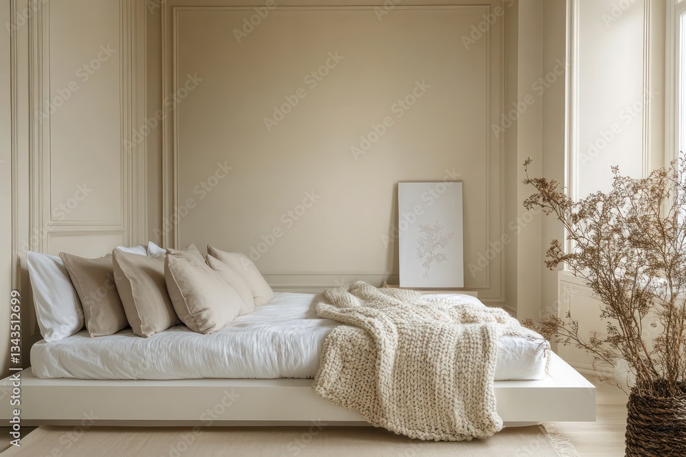 A calming bedroom with a neutral color scheme, soft cream walls, a white platform bed, and a woolen throw blanket, A calming bedroom with a neutral color scheme, soft cream walls, a white platform bed, and a woolen throw blanket,