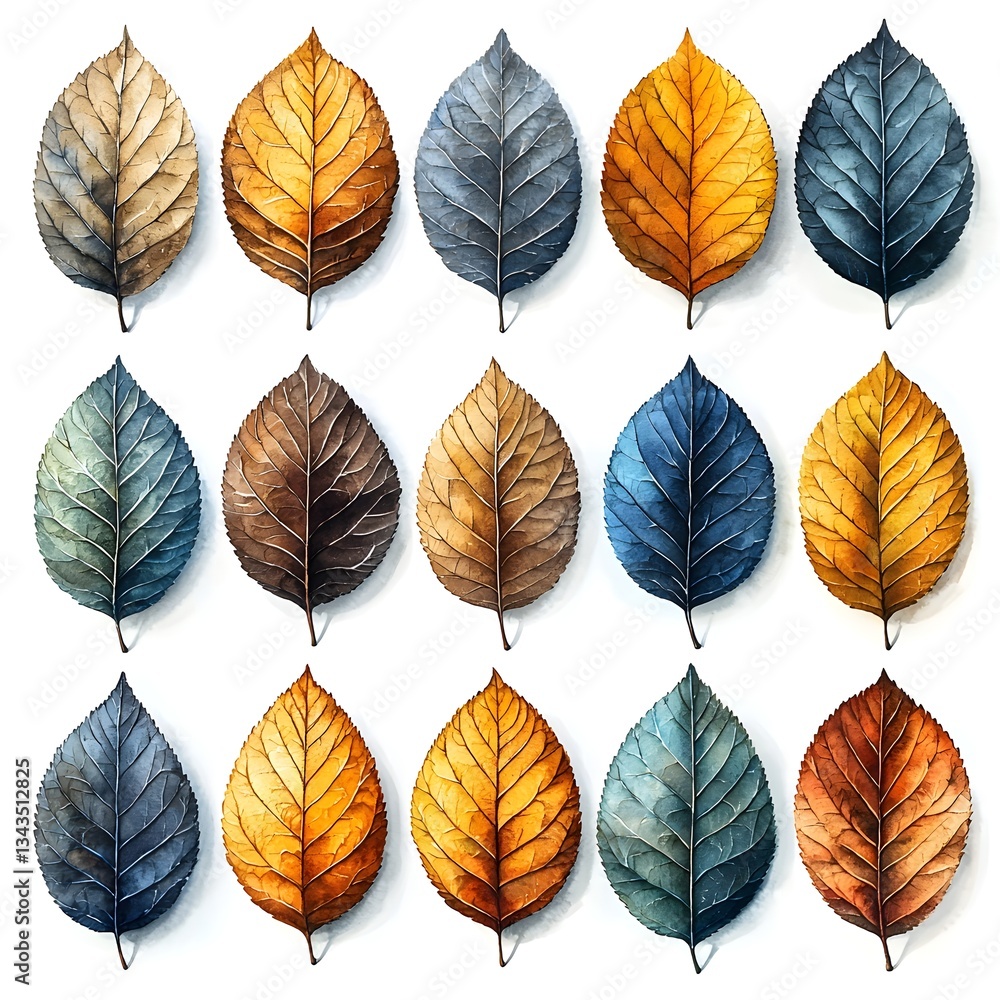 Obraz premium Muted Autumnal Watercolor Leaves on White Background