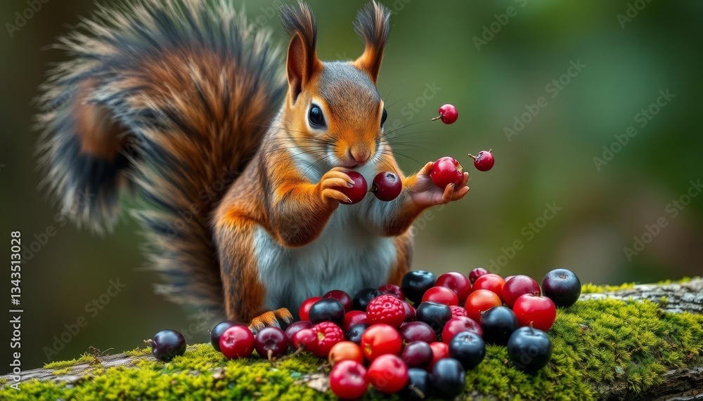 Fototapeta premium A fluffy-tailed rodent delicately handles vibrant red and dark berries amidst a lush mossy landscape.